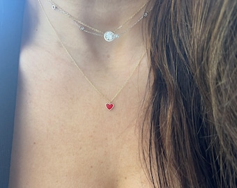 Small Heart Necklace / 14k Gold Petite Heart Necklace /  Red Enamel Heart Charm Necklace / Mini Heart / Solid Gold Heart Charm Necklace