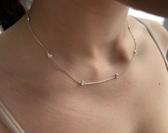 Diamond Station Necklace 1ct / 14k Gold Diamond Necklace / Bridal Diamond Necklace / Layering Diamond Necklace / Diamond Bezel Set Necklace