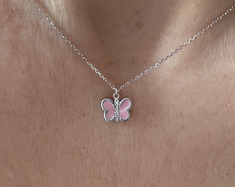 Diamond Butterfly Necklace / 14k Gold Diamond Butterfly Necklace / Pink Enamel Butterfly Necklace / Diamond Butterfly Charm Pendant