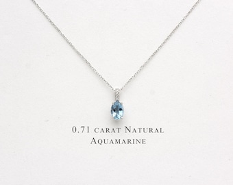 Aquamarine Diamond Solitaire Oval Necklace 0.71 CT / 14k Gold Blue Aquamarine Necklace / Oval March Birthstone Aquamarine Necklace