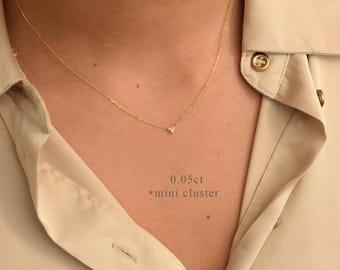 Flower Shape Diamond Necklace, 14k Gold Small Diamond Cluster Necklace,  Diamond Trio Necklace, Dainty Bridal Diamond Jewelry