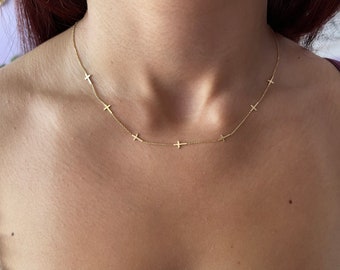 Gold Cross Necklace / 14k Gold Cross Station Necklace / Solid Gold Cross Necklace / Baptism Gift / Communion / Christmas Gift / Religious