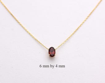 14k Gold Garnet Solitaire Necklace: Dainty Oval January Birthstone