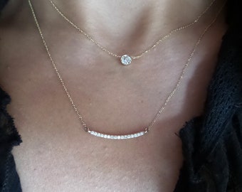 Diamond Bar Necklace / 14k Gold Diamond Bar Necklace 0.15ct / Curved Bar Necklace / Dainty Bar Necklace / Gold Bar Necklace / Bridal Necklac