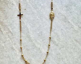 14k Gold Rosary Necklace: Cross & Miraculous Medal, Adjustable Chain