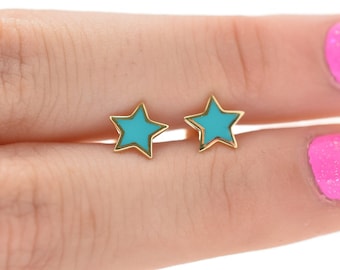 Star Earrings / 14k Gold Small Star Earrings /  Blue Enamel Star Studs / Small Stars / Solid Gold Star Earring