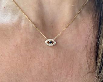 Sapphire Diamond Evil Eye Necklace 0.32CT / 14k Gold Diamond Evil Eye Necklace / Sapphire Diamond  Evil Eye / Layering Evil Eye Necklace