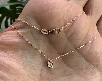 Diamond Necklace / Square Shape Pendant with diamond / 14k rose Gold Diamond Necklace / Diamond Solitaire Necklace / Minimalist Diamond