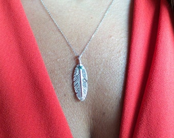 Sapphire Feather Necklace / 14k White Gold Feather Necklace / Gold Feather Necklace / Blue Sapphire Feather Pendant / Solid Gold Feather