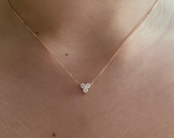 Flower Shape Diamond Necklace 0.30ct / 14k Gold Diamond Trio Cluster Necklace / Diamond Trio Necklace / Triangle Diamond Necklace / Bridal