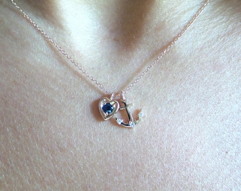 Sapphire Heart and Anchor Necklace / 14k Gold Sapphire Heart and Anchor Necklace / Love and Hope Necklace / Minimalist Heart and Anchor