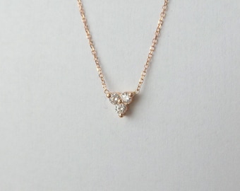 Diamond Flower Cluster Necklace 0.15cts / 14k Rose Gold Diamond Necklace /  Diamond Trio Necklace / Triangle Shape Diamond Necklace