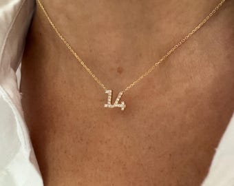 14k Gold Diamond Number Necklace: Personalized Name Plate