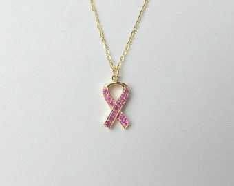 Breast Cancer Ribbon Necklace / Pink Ribbon Necklace 14k Gold / Survivor Necklace / Breast Cancer Awareness Necklace / Cancer Gift