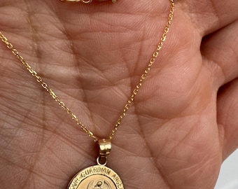 14k Gold Guardian Angel Medallion Necklace: Religious Charm, Protection Charm Gift Jewelry