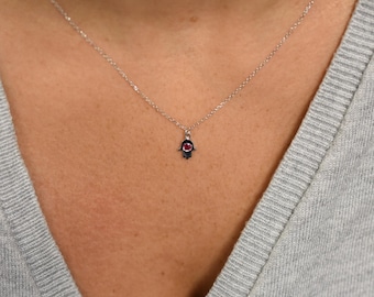 Hamsa Necklace/ 14k Gold Hamsa Necklace/ Ruby Hamsa Necklace/ Dainty Hamsa Necklace with Ruby/ Birthstone Necklace/ Protection/DelicateHamsa