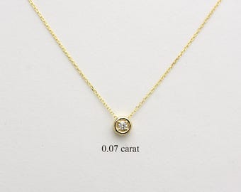 14k Gold Diamond Solitaire Necklace: Dainty Floating Diamond Pendant