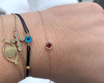 Garnet Solitaire Bracelet / 14k Gold Garnet Bracelet / Round Garnet Bracelet / January Garnet Bracelet / Bezel set Garnet Bracelet