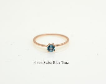 14k Gold Swiss Blue Topaz Ring: Minimalist Solitaire Promise Band, December Birthstone, Stacking