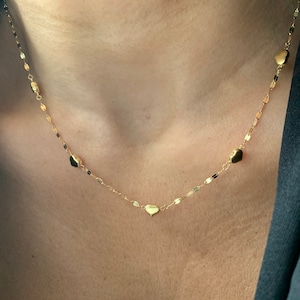 Heart Necklace / 14k Solid Gold Heart Station Necklace / 14k Gold Mirror Chain Heart Necklace / Heart Necklace / Heart Layering