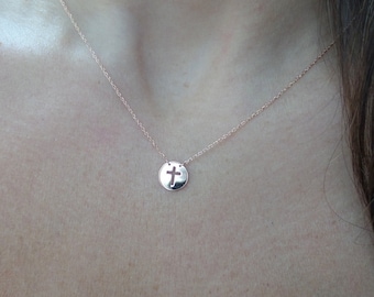 Small Cross Necklace / 14k Rose Gold Disc with Cross / Gold Disc Cross / Baptism Gift / Communion / Confirmation / Confirmation / Gold Cros