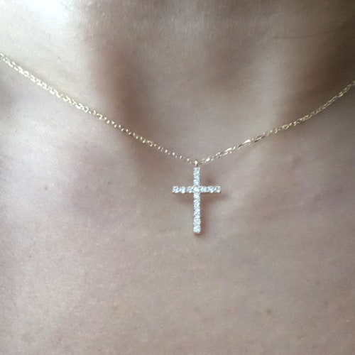 Small Diamond Cross Necklace / 14k Gold Small Sideways Cross / - Etsy
