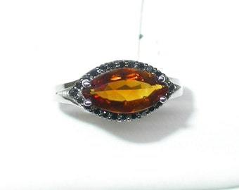 14 k White Gold Genuine Dark Mandarine Citrine Ring with Black Genuine Diamonds