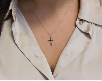 Black 14k gold cross necklace, solid gold cross necklace with black enamel, Communion Cross, Confirmation Cross, Baptism Cross