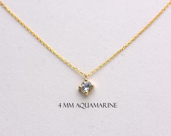 14k Gold Aquamarine Solitaire Necklace: March Birthstone, Blue Gemstone Charm