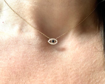 Evil Eye Necklace / 14k Gold Diamond Evil Eye Necklace / Sapphire and Diamond  Evil Eye / Minimalist Evil Eye / Kabbalah Jewelry / Dainty