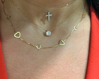 Heart Necklace / 14k Gold Heart Necklace / Heart Station Necklace / Gold Heart Necklace / Love Necklace / Love Heart Necklace