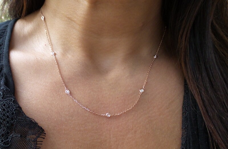Diamond Necklace Diamond Station Necklace 14k Rose Gold