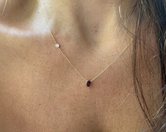 Garnet Necklace / 14k Gold Garnet Solitaire Necklace / Garnet Diamond Bezel Accent Necklace / Oval Garnet Necklace