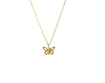 Diamond Butterfly Necklace / 14k Gold Butterfly Necklace / Minimalist Butterfly Charm Necklace / Layering Diamond Butterfly / Charm Necklace