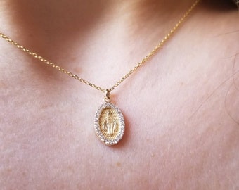 Miraculous Medal Charm, Virgin Mary Charm Necklace, Everyday Dainty 14k Gold Diamond Virgin Mary Necklace, Lady of Guadalupe Medallion