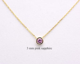 14k Gold Pink Sapphire Necklace: October Birthstone Solitaire