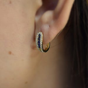 Blue Sapphire Diamond Hoop Earrings (Pair) / 14k Gold Birthstone Blue Sapphire Hoops / Bridal Diamond Earrings / Lightweight