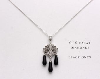 Vintage black onyx and diamond necklace / 14k white gold Antique design filigree pattern dangling black onyx  / layering everyday necklace
