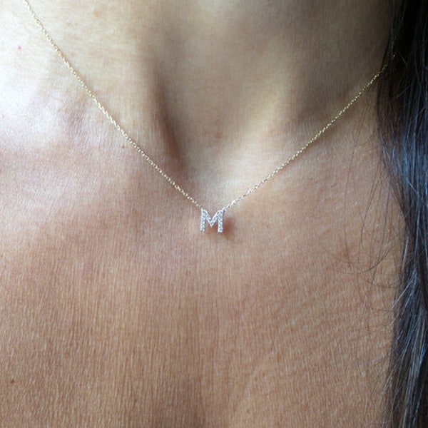 Collar inicial de diamantes / Collar de letras de diamantes / Collar de letras de oro de 14k / Collar de diamantes inicial del día de las mamás / Letra de diamantes de oro