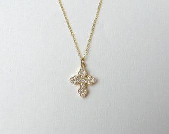 Small Diamond Cross Necklace 0.25CT / Orthodox Diamond Cross / 14k Gold Diamond Cross / Baptism / Communion / Confirmation / Confirmation