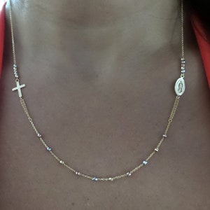 Rosenkranz Perle / 14k Gold Kreuz und Jungfrau Maria Halskette / 14k Gold Wunderbare Medaille und Kreuz Halskette / 14k Tri Color Rosenkranz Perlenkette