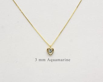 Small Aquamarine Heart Charm Pendant / 14k Gold Heart Necklace/ Mini Heart Necklace/ Dainty Heart Necklace/ March Birthstone