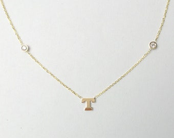 Diamond Initial Necklace / 14k Gold Diamond Letter Necklace / Diamond Bezel Letter Necklace / Dainty Initial Diamond / Personalized