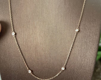 Diamond Station Necklace 0.30TCW / 14k Gold Diamond Necklace / 14k Gold Diamond Necklace / Dainty Diamond /Diamond Bezel Set Necklacet