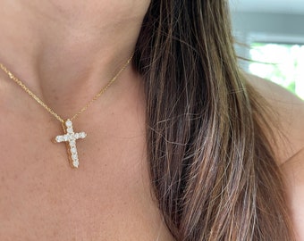Diamond Cross Necklace 0.90CTS / 14k Gold Diamond Cross / Large Diamond Cross / Baptism Gift / Communion / Confirmation / Confirmation /