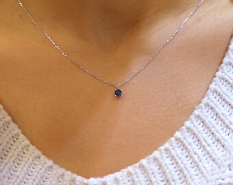 Sapphire Necklace / 14k Solid Gold Natural Sapphire Necklace 4mm / 14k White Gold Sapphire Necklace / Birthstone Necklace/ September Jewelry