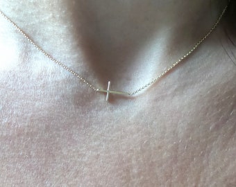 14k Gold Sideways Cross Necklace: Minimalist Baptism Gift