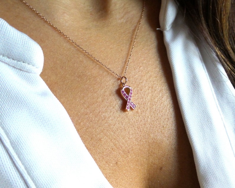 Breast Cancer Ribbon Necklace / Pink Ribbon Necklace 14k Rose Gold / Survivor Necklace / Breast Cancer Awareness Necklace / Cancer Gift image 2