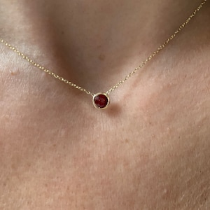 14k Gold Garnet Solitaire Necklace: Bezel Set, January Birthstone