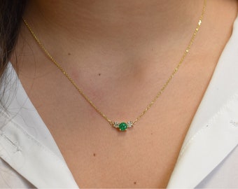 14k gold emerald and diamond necklace / natural green emerald and diamond necklace / three stone necklace / round emerald necklace